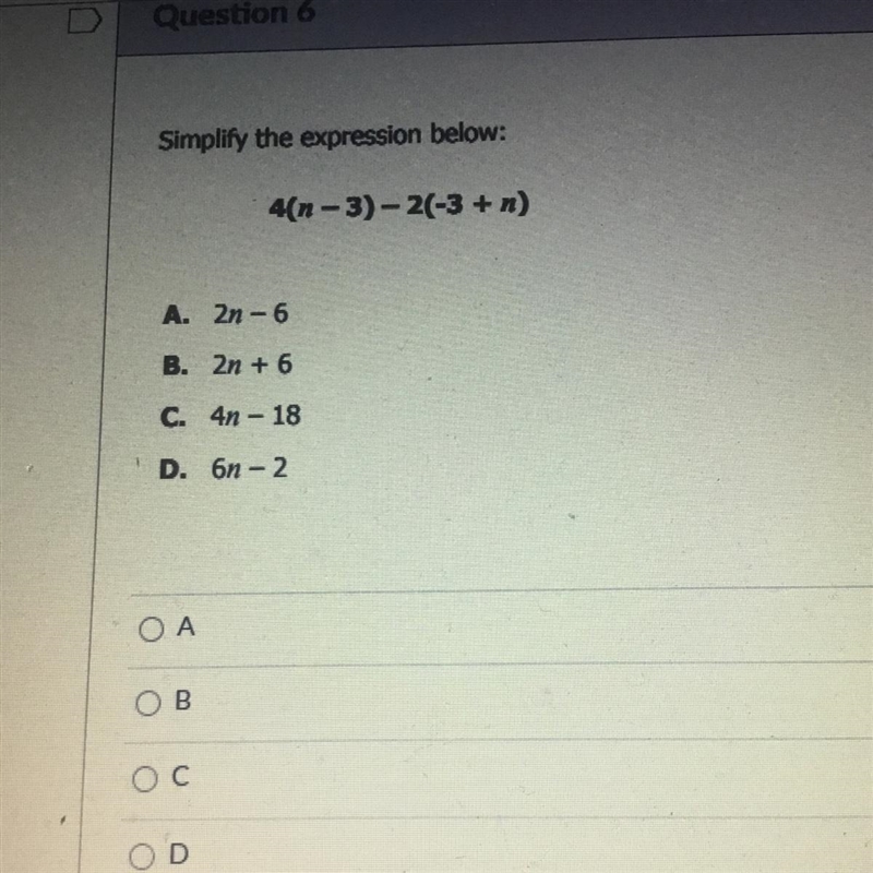 Simplify the expression below: 4(n - 3) - 2(-3 + n)-example-1