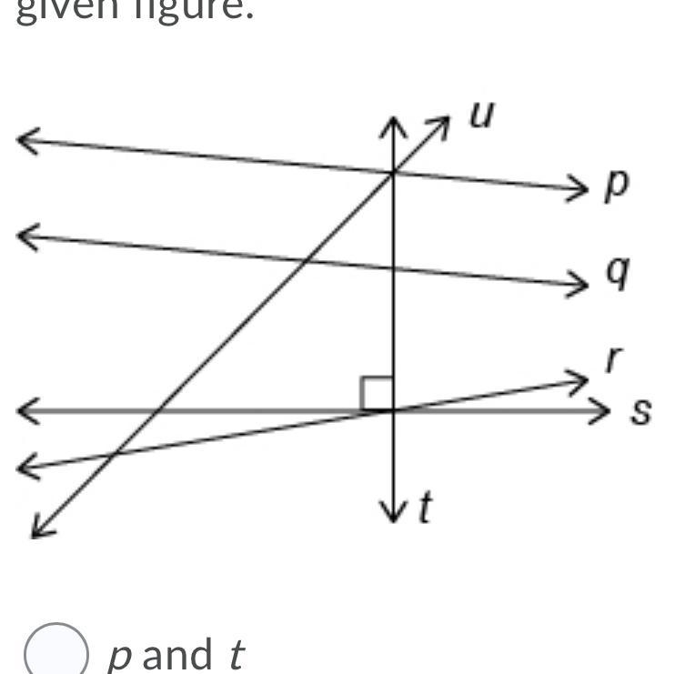 Identify a pair of perpendicular lines in the given figure. Question 1 options: p-example-1