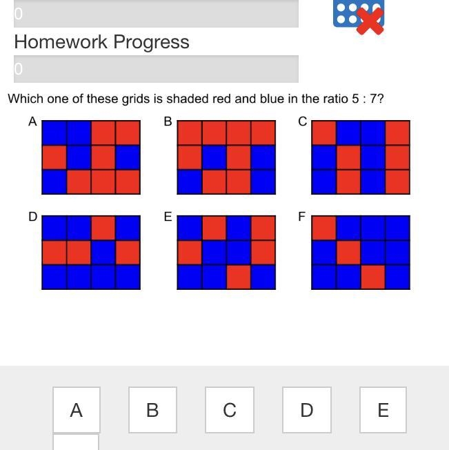 Which one of these grids is shaded red and blue in the ratio 5 : 7? А B с D E F А-example-1