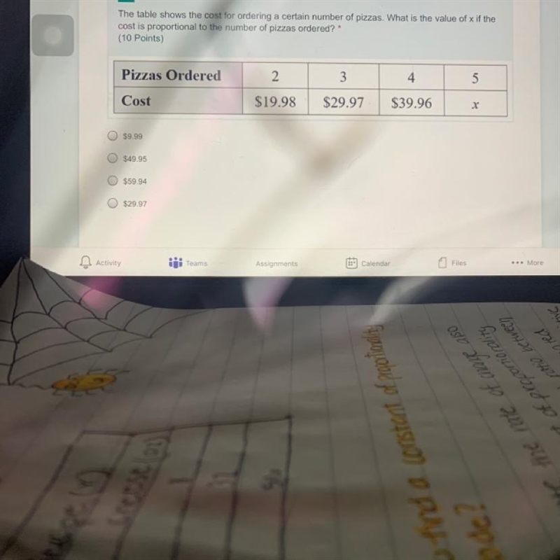 Hurry pleasee The table shows the cost for ordering a certain number of pizzas. What-example-1