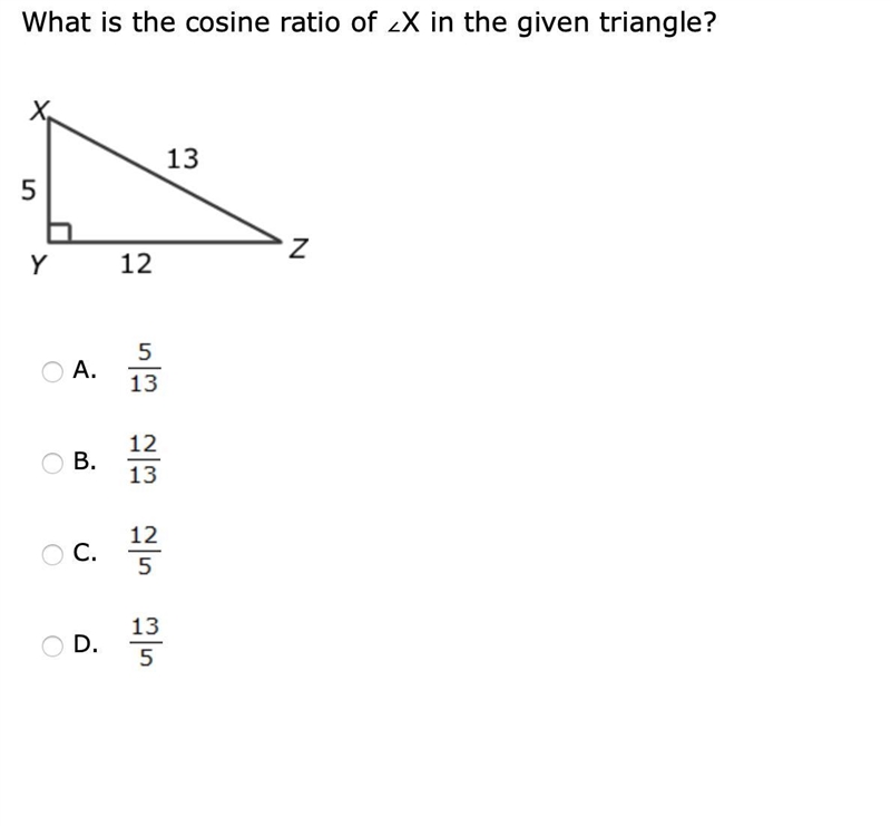 Question 31: Please help what is the cosine ratio of ∠X in the given triangle?-example-1