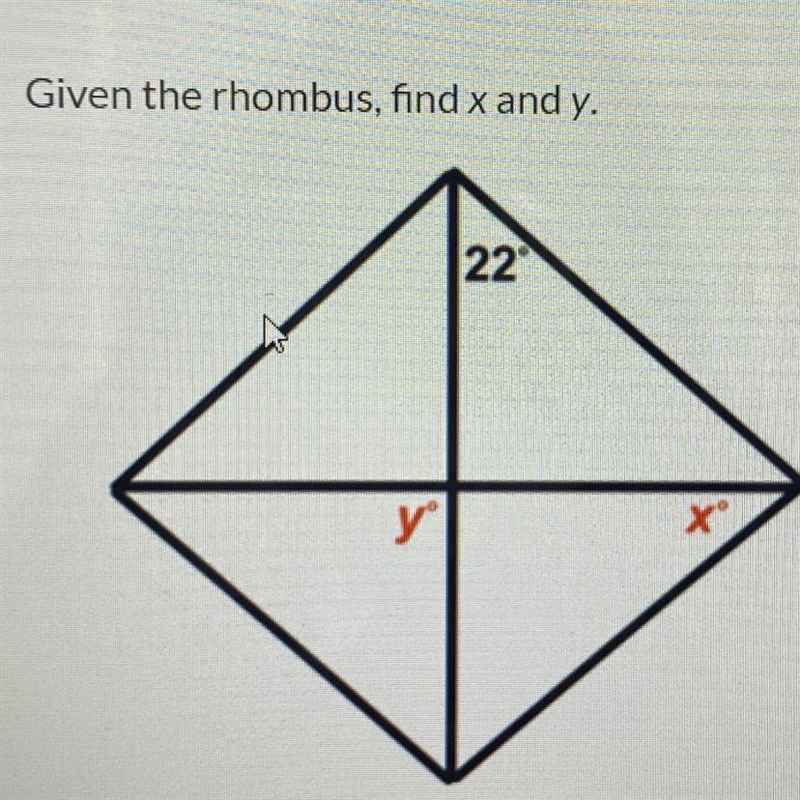 Given the rhombus, find x and y Please help!!-example-1