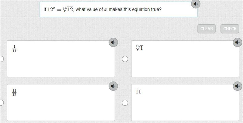 If 12^x = ^11√12, what value of x makes this equation true?-example-1