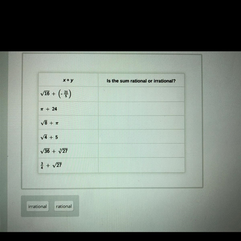 Determine whether the sum of two values is a rational number or an irrational number-example-1