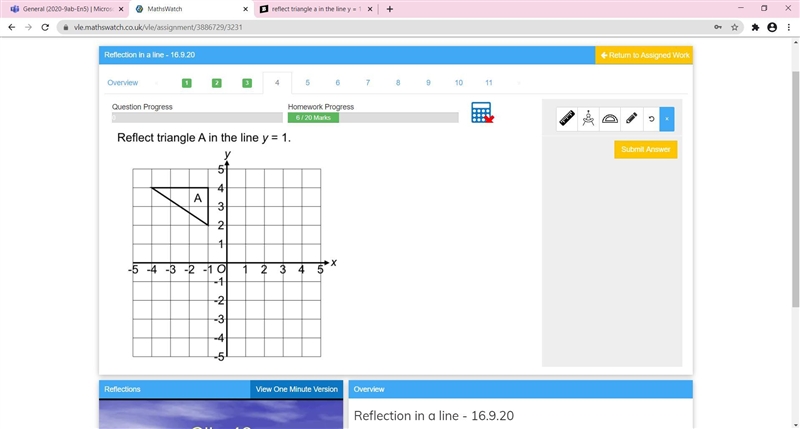 Reflect triangle a in the line y=1? where will it be which square?-example-1