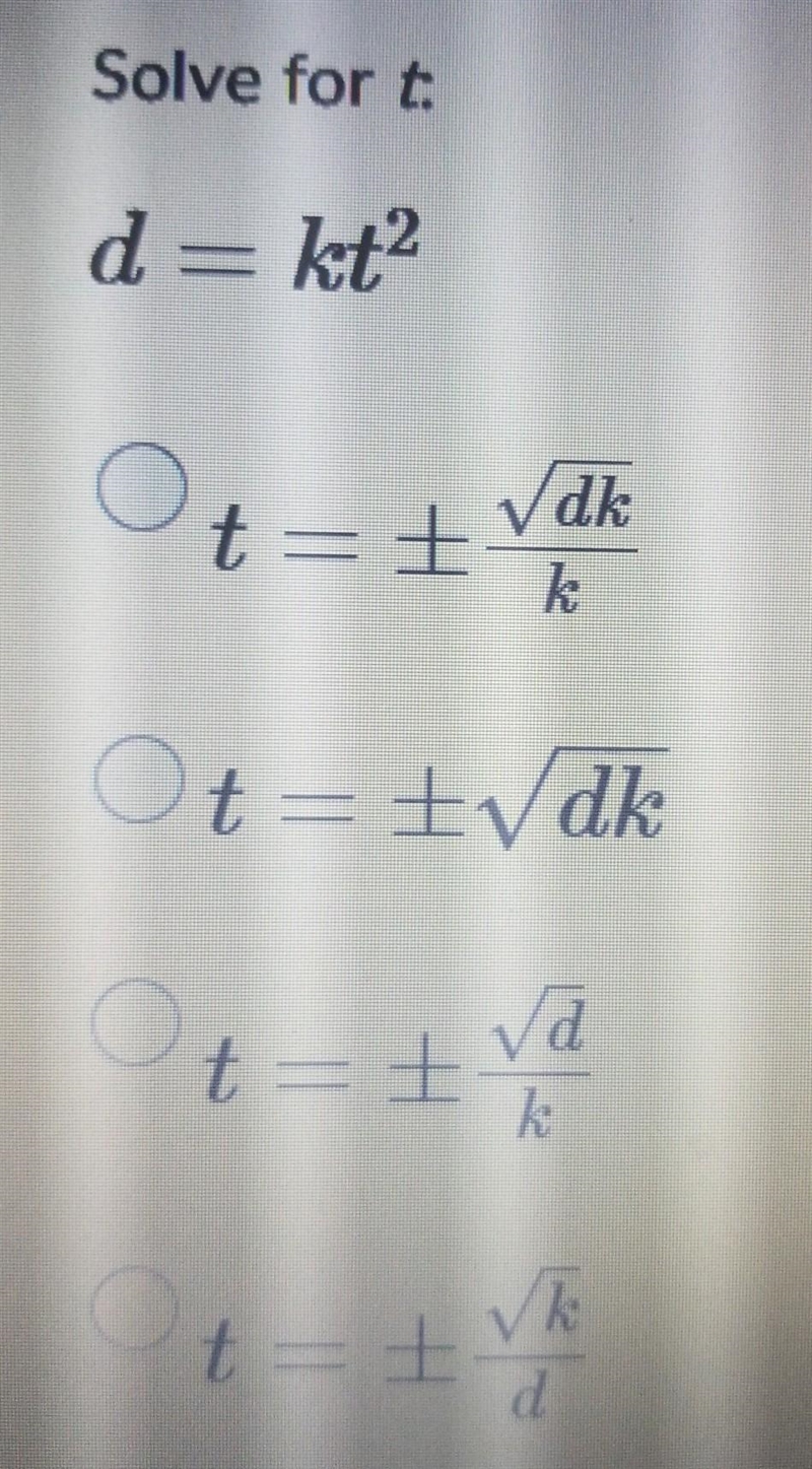 Solve for t: d=kt^2 ​-example-1