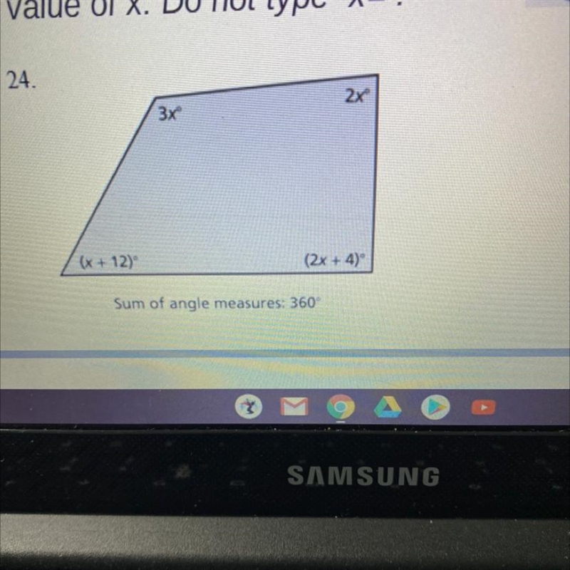 2x 3x (x + 12) (2x + 4) Sum of angle measures: 360-example-1