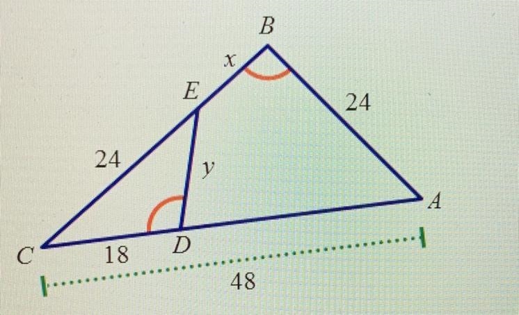 Find the value of x and the value of y. A. y=9, x = 40 B. y= 12,4 = 12 C. y= 10,2 = 16 D-example-1