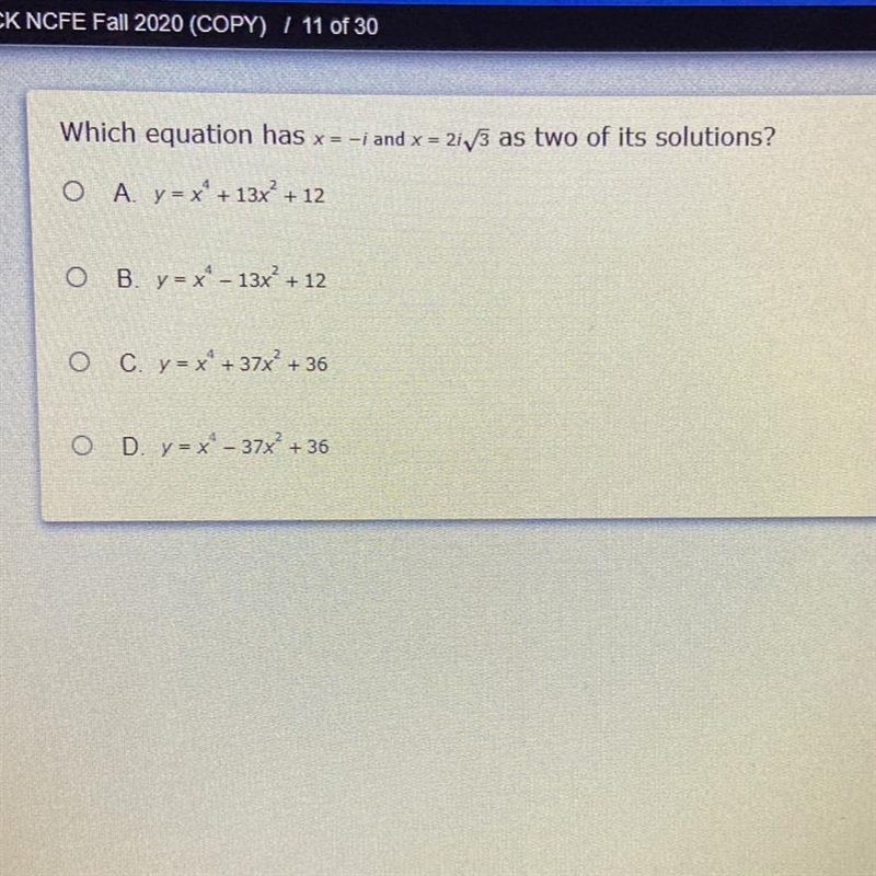 Which equation has x = -i and x = = 21v3 as two of its solutions?-example-1