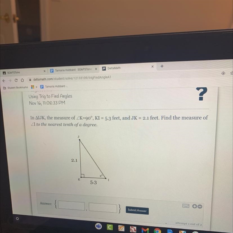 45 points!!!!!!!!! In AIJK, the measure of ZK=90°, KI = 5.3 feet, and JK = 2.1 feet-example-1