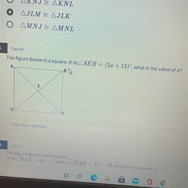 The figure below is a square. If m2AEB = (5x + 15)°, what is the value of x?-example-1