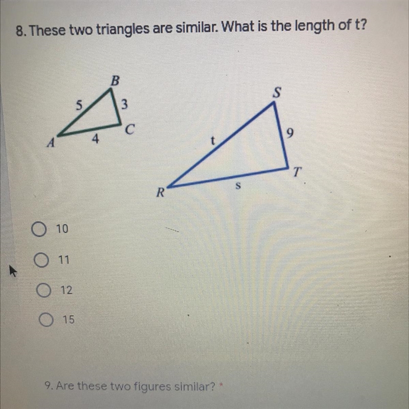 These two triangles are similar what is the length of t?-example-1