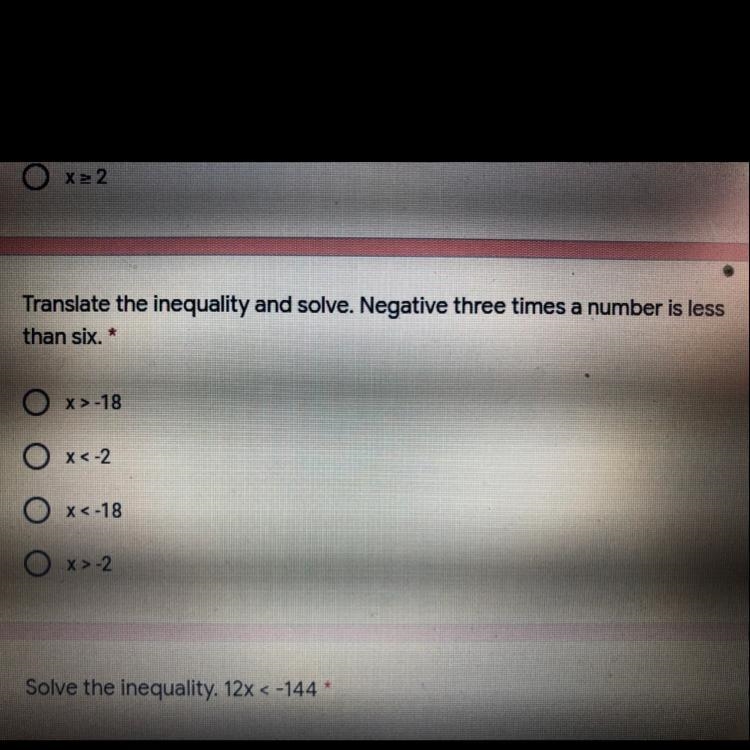 Translate the inequality and solve. Negative three times a number is less than six-example-1