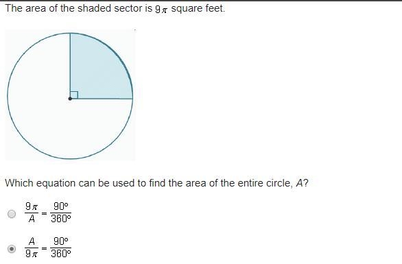 Please help! :) The area of the shaded sector is 9 pi square feet. A circle. A shaded-example-1