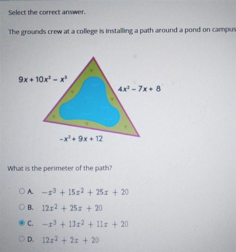 Select the correct answer. The grounds crew at a college is installing a path around-example-1