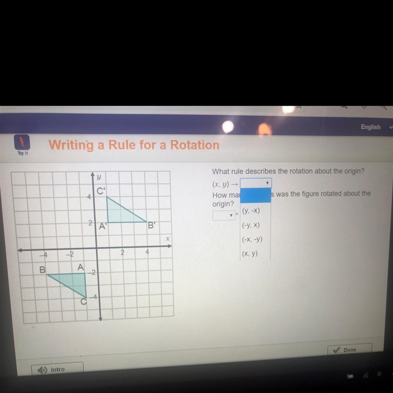 Help me :(( What rule describes the rotation about the origin? (x,y) → How many degrees-example-1