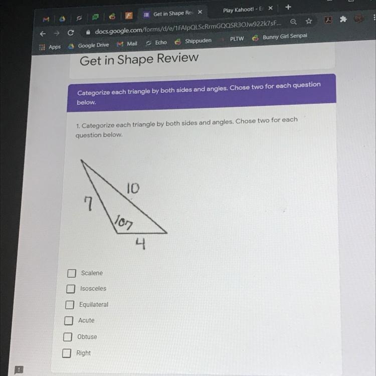 Categorize each triangle by both sides and angles. Choose two for each question below-example-1