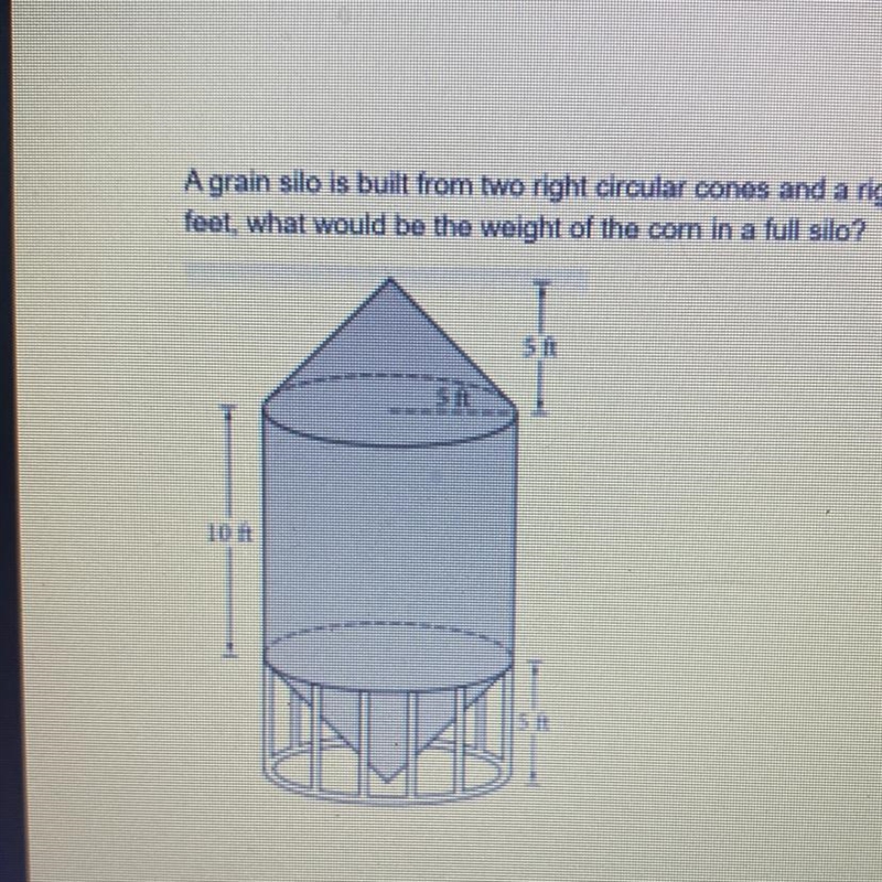 A grain silo is built from two right circular cones and a right circular cylinder-example-1