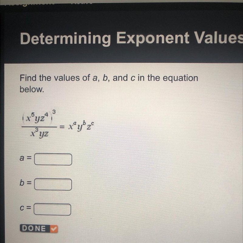 Find the values of a, b, and c in the equation below. 3 YZ a= b = 101 C= HELP PLS-example-1