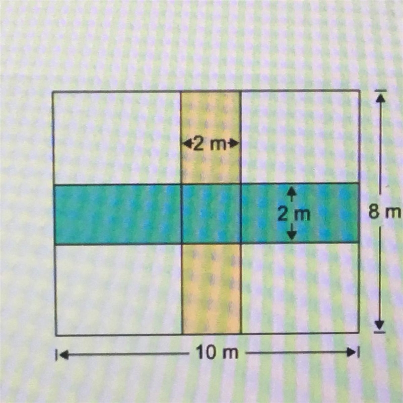 A rectangular park has 2 paths of width 2m running across it. What is the total area-example-1