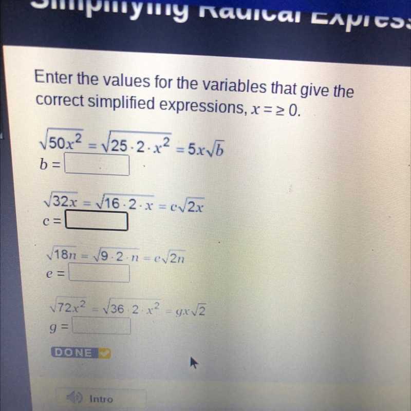 Enter the values for the variables that give the correct simplified expressions, x-example-1