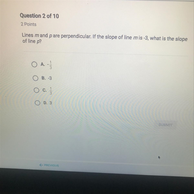 Lines m and p are perpendicular. If the slope of line m is -3, what is the slope of-example-1