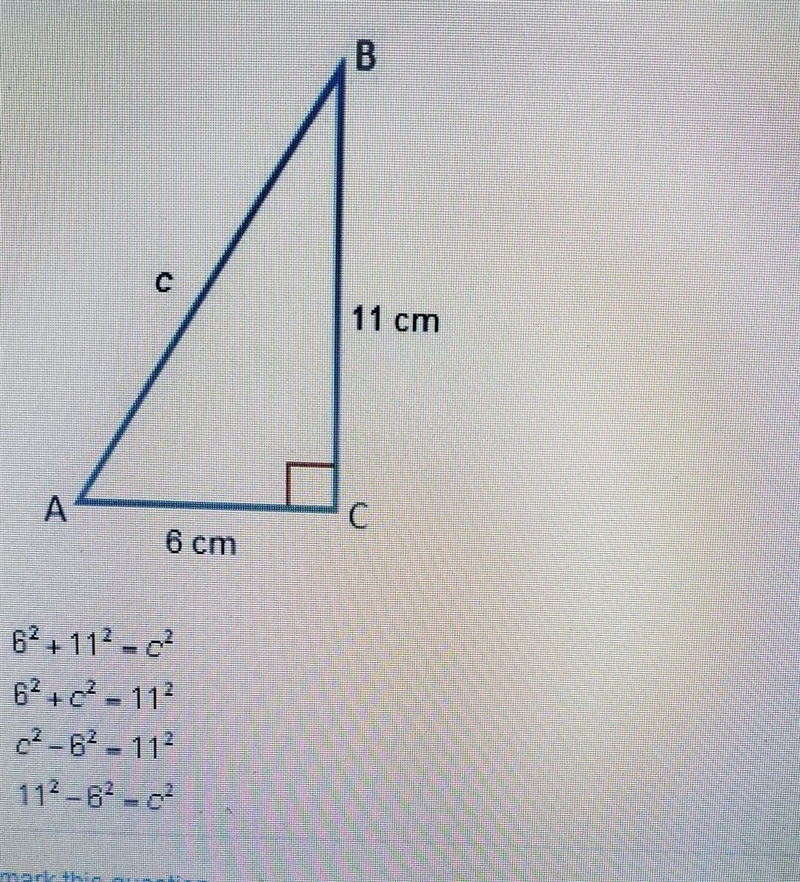 Which equation could be used to find the length of the hypotenuse? ​-example-1