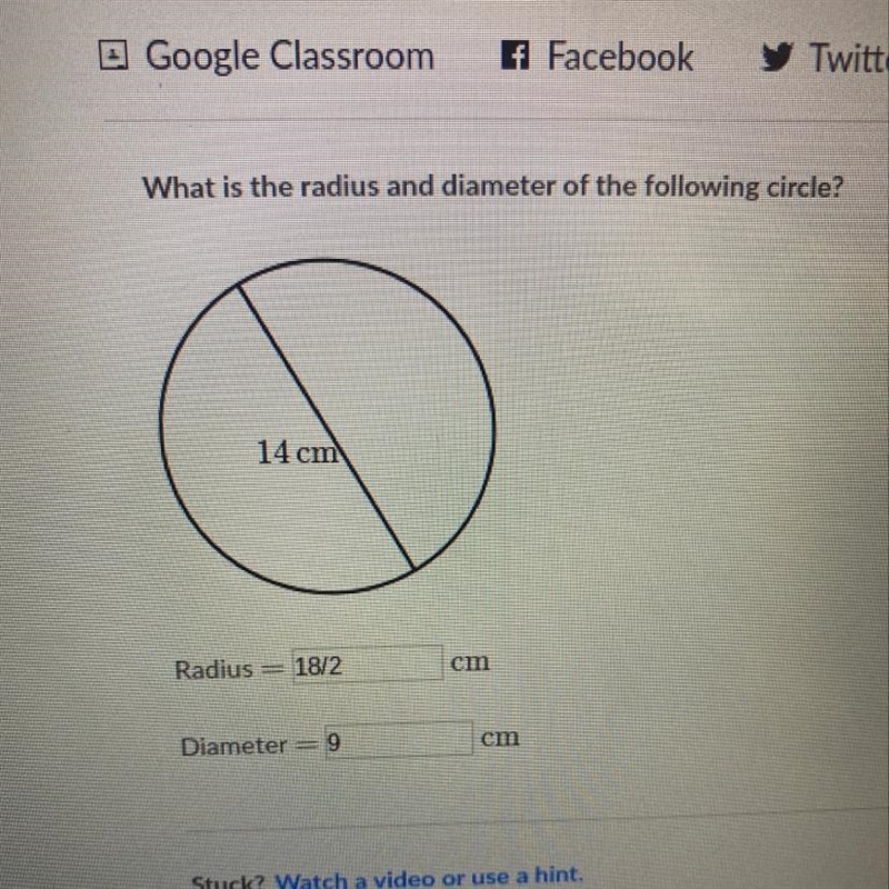 What is the radius and diameter of the following circle? 14 cm Radius cm Diameter-example-1