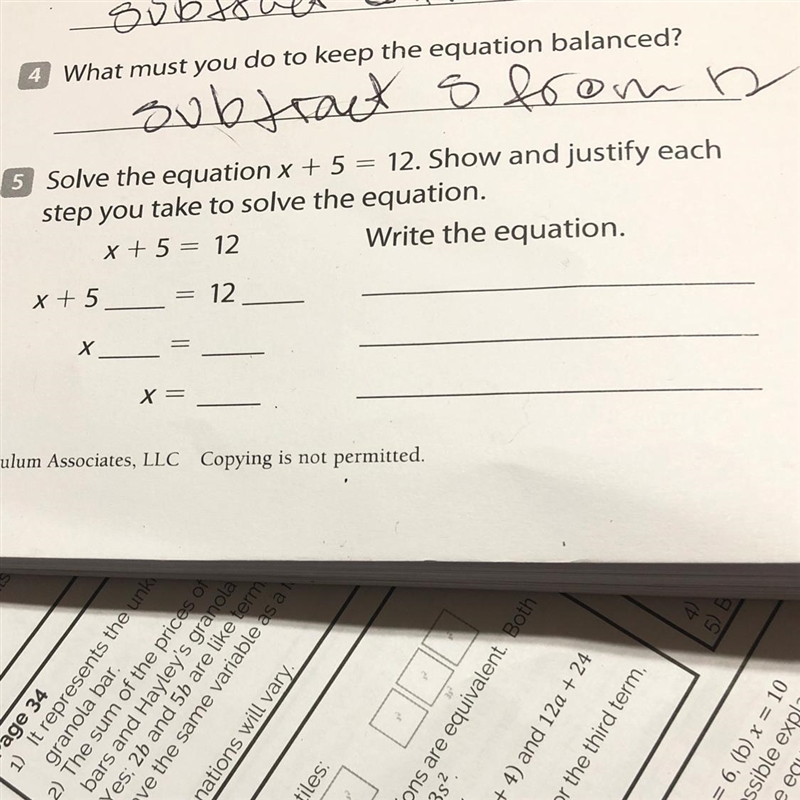 Solve the equation X +5 = 12. Shell and justify each step you take to solve the equation-example-1