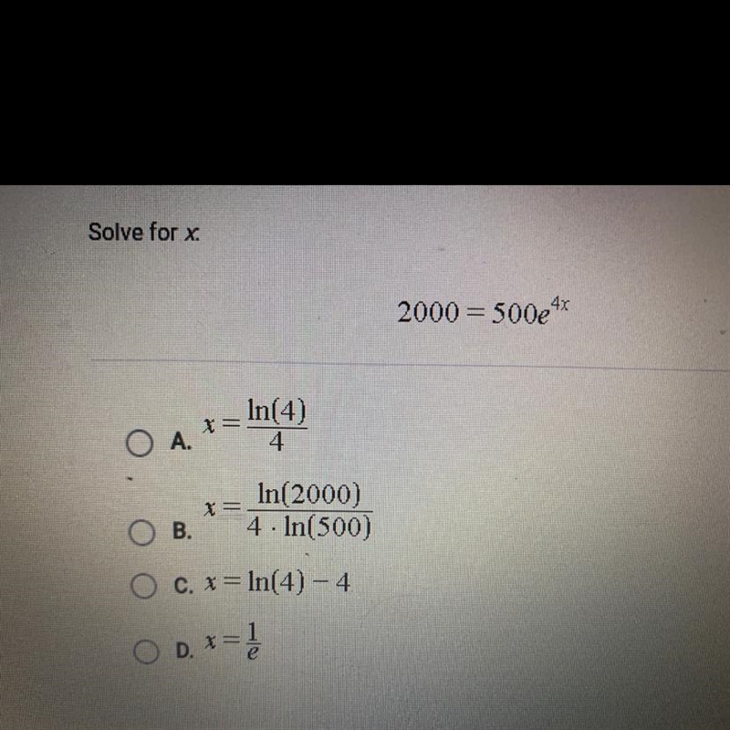 Solve for x. 2000=500e^4x-example-1