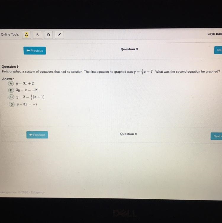 Felix graphed a system of equations that had no solution. The first equation he graphed-example-1