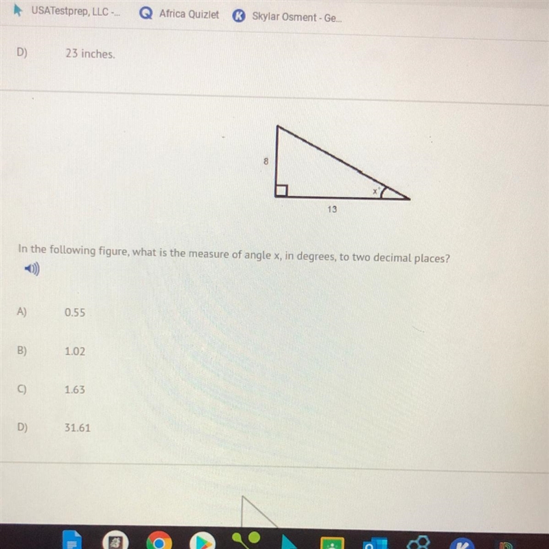 In the following figure, what is the measure of the angle c, in degrees, to two decimal-example-1