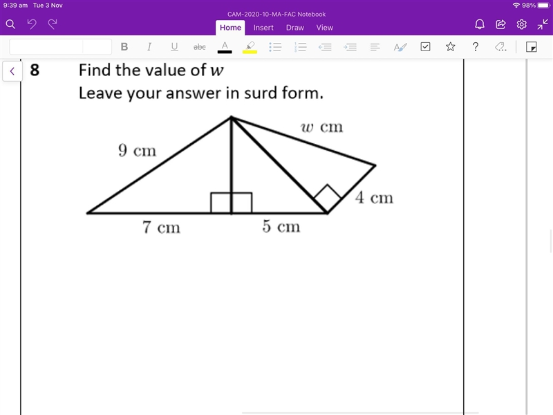 Find the value of w Leave answer in surd form-example-1