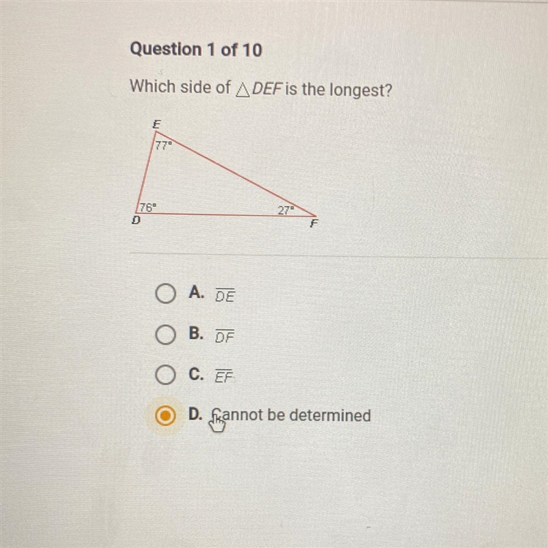 Which side of DEF is the longest?-example-1