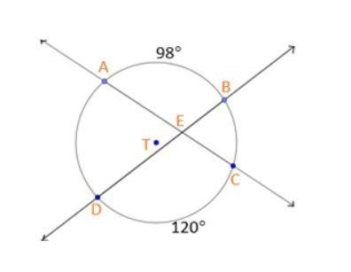 If m AB = 98° and m CD = 120°, what is m a. 218° b. 109° c. 44° d. 22°-example-1