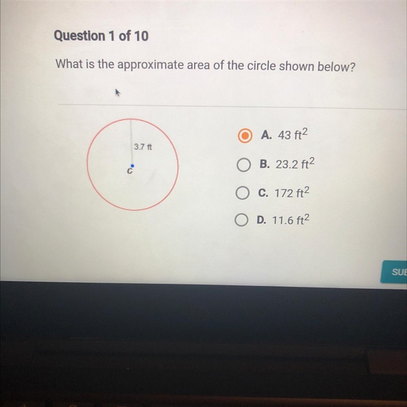 (18 points) What is the approximate area of the circle shown below?-example-1