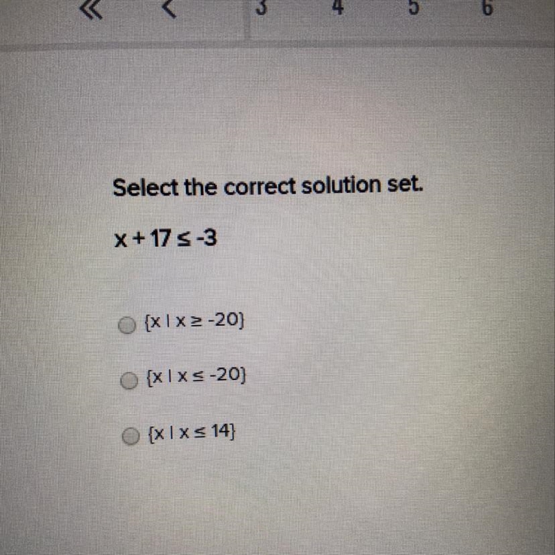 Select the correct solution set. X+17 5 -3 {XIX2-20) {XIXS-20) [xl xs 14-example-1