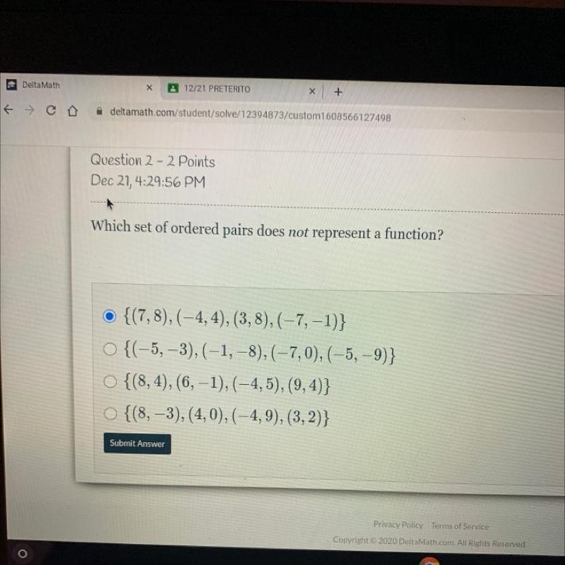 Which set of ordered pairs does not represent a function?-example-1