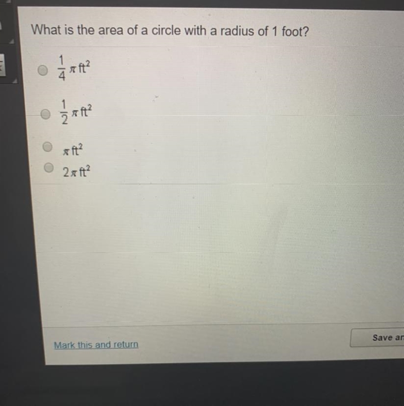 What is the area of a circle with a radius of 1 foot?-example-1