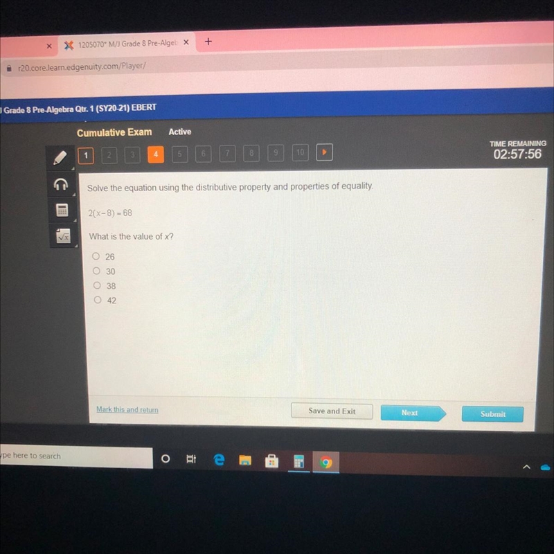 Solve the equation using the distributive property and properties of equality 2(x-example-1