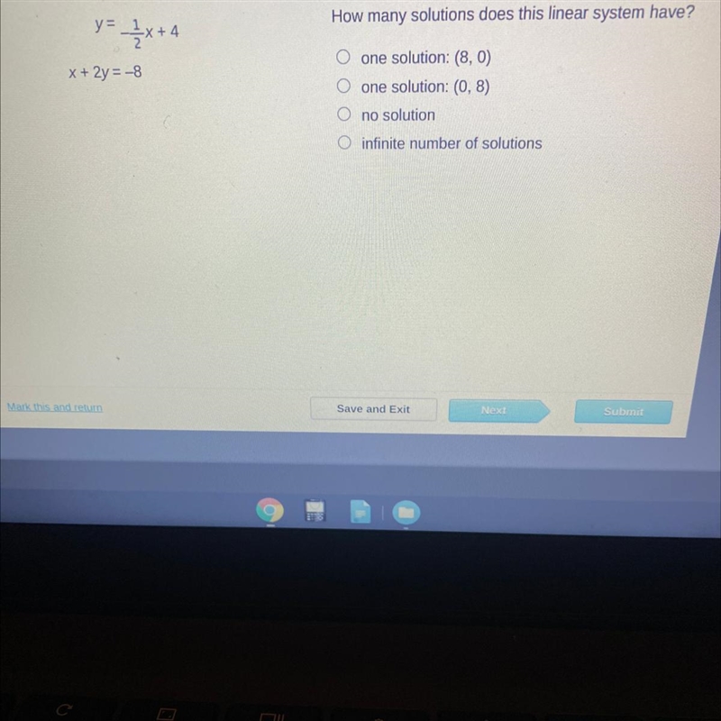 How many solutions does this linear system have? y=-1/2x+4 one solution: (8, 0) one-example-1