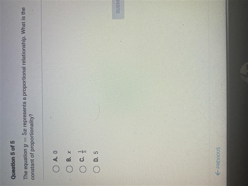 The equation y=5x represents a proportional relationship. What is the constant of-example-1