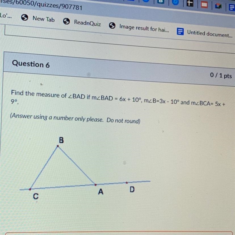 Find the measure of ZBAD if m_BAD = 6x + 10º, mzB=3x - 10° and mzBCA= 5x + 90-example-1