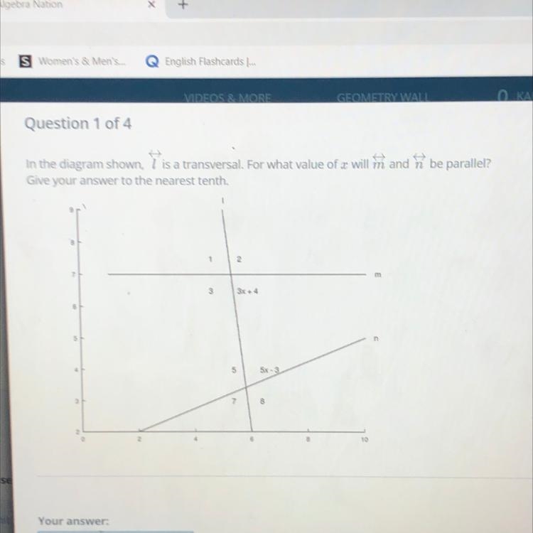 In the diagram shown, l is a transversal. For what value of x will m and n be parallel-example-1