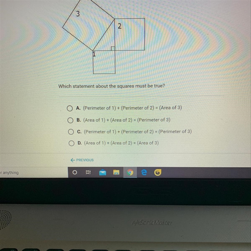 The diagram shows squares 1, 2, and 3 constructed on the sides of a right triangle-example-1