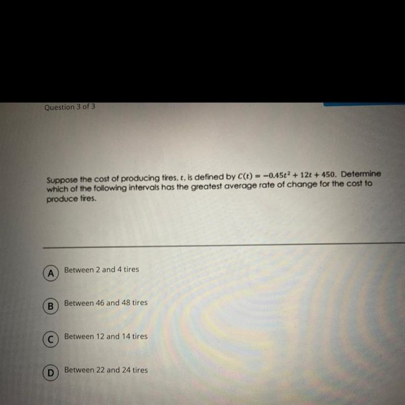 Suppose the cost of producing tires, t, is defined by C(t) = -0.45+2 + 12+ 450. Determine-example-1