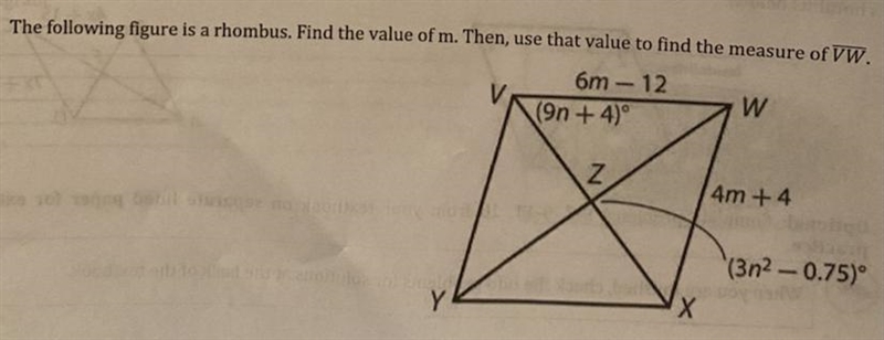 The following figure is a rhombus. Find the value of m. Then, use that value to find-example-1