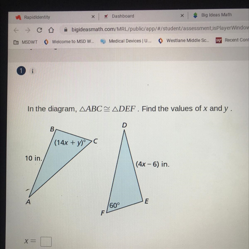 In the diagram, AABC = ADEF . Find the values of x and y.-example-1