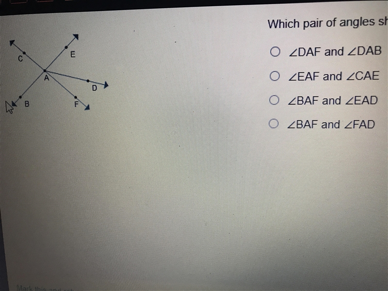 Which set of angles shares rayAF as a common side?-example-1