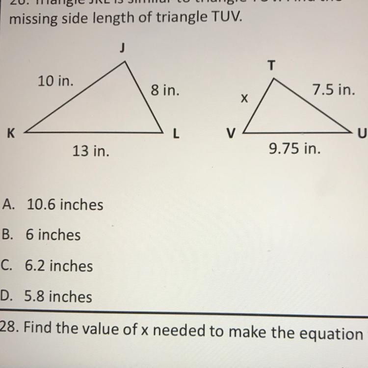 Triangle JKL is similar to triangle TUV. Find the missing side length of triangle-example-1